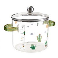 Casserole en verre écologique transparente, motif cactus, couvercle en verre, double poignée, 1600 ml, sans revêtement, pour cuisson sur cuisinière