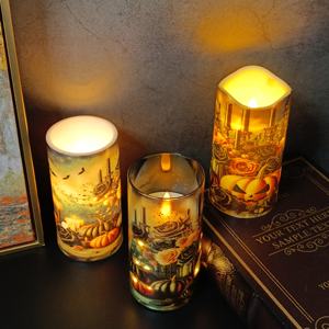 Halloween <span class=keywords><strong>LED</strong></span> Vintage Citrouille Chauve-Souris Bougie Trio Sans Flamme Pilier Bougies Ensemble de 3 avec Télécommande Scintillante - Product Image 3