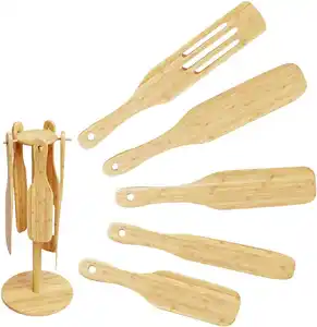 home decor and kitchen accessories Cookware Spoon Tools Utensils Set Teak Wooden Spurtles Set with Countertop Utensil Holder