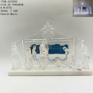 Vente en gros de figurines de la Nativité religieuse en acrylique avec éclairage LED, ensemble de 9 pièces de la Sainte Famille, figurines de Noël avec stade en acrylique - Product Image 4