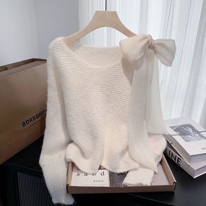 Suéter de punto con lazo de satén y hombros descubiertos para mujer - Top de punto brillante de corte holgado a la moda - Product Image 3