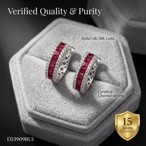 Boucles d'oreilles créoles Huggie en or blanc 18 carats de qualité supérieure, serties de rubis et de diamants, trois rangées, taille princesse, rubis naturels, MOQ 1 pièce - Product Image 2