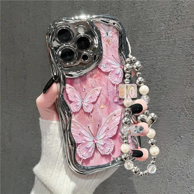 2026 Luxury Butterfly Pattern Electroplated Wavy Edge TPU Soft Shockproof Mobile Phone Cases Ins Style Chain for 17