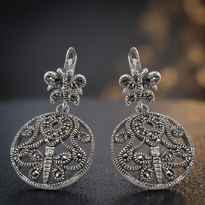 Boucles d'oreilles pendantes Art Palace Vintage en argent 925, motif fleur en marcassite, style tendance, certifiées par un tiers, pour usage quotidien féminin - Product Image 3