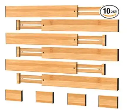 Séparateur de tiroir à couverts en bambou réglables, 10 pièces, avec 4 Inserts, 6 séparateurs extensibles en bambou de 17 à 22 pouces de Long