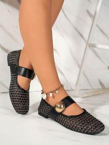 Zapatos Mary Jane de cuero con punta cuadrada y malla hueca para mujer, con una sola correa, bailarinas, decoración metálica redonda, puntera baja - Product Image 4