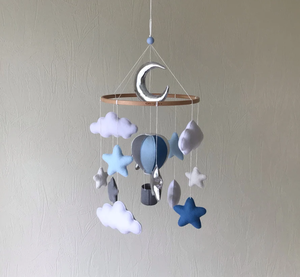 Bébé mobile garçon montgolfière pépinière Voyage décor bleu <span class=keywords><strong>gris</strong></span> étoiles et nuages Baby shower cadeau - Product Image 2