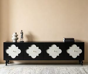 <b>Black</b> & White Quatrefoil Pattern TV Stand, Modern Media <b>Console</b> with Turned Legs for Living Room - Product Image 4