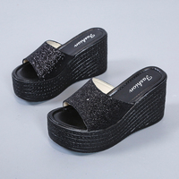 Sandales de plage à talons hauts pour femme, style éponge, à paillettes, à semelle épaisse, pour l'été