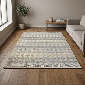 Tapis d'extérieur rectangulaire moderne à tissage plat géométrique gris beige en laine bouclée et coupée pour salon - Product Image 2