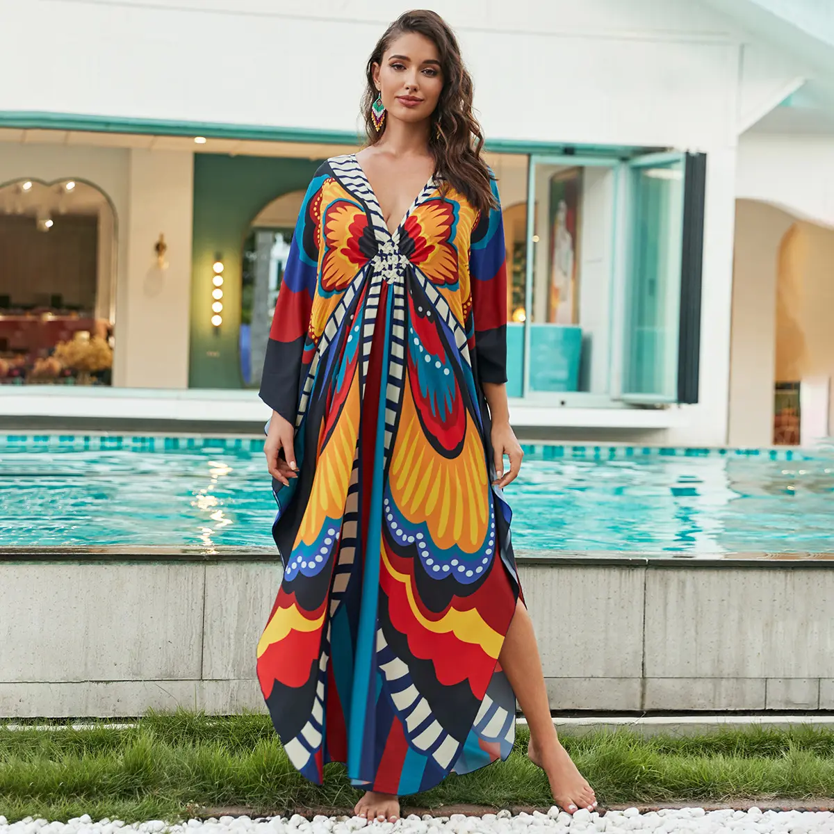 Wholesale 22colors Oem Beachwear Elegant Print Maxi Kaftan Kimono Women Casual Long Beach Cover Ups Hawaiian Dresses