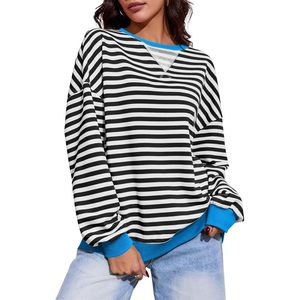 Fisoew Women's Striped Oversized Sweatshirt Color Block Crew Neck Long Sleeve Casual Loose Pullover <b>Top</b> <b>Y2K</b> Style - Product Image 2