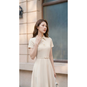 Robe midi élégante pour femme, manches courtes, col chemise, coupe trapèze, tenue de bureau, vêtement de travail tendance, prête à être expédiée, vente en gros - Product Image 1