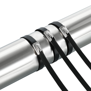 روابط كابلات/أربطة سلكية ذاتية القفل من الفولاذ المقاوم للصدأ عالي الجودة <span class=keywords><strong>SS304</strong></span> مغلفة بالبلاستيك PVC باللون الأسود 4.6*300 مم - Product Image 1