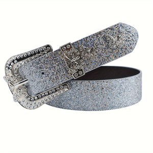 Women's Rhinestone <b>Belt</b> Western Style Casual <b>Sparkly</b> Crystal Encrusted PU Leather D-ring Alloy Buckle Asymmetry Design for Jeans - Product Image 2