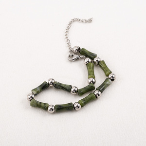 Fashionable Men's Stainless Steel Dark Green Jade Bamboo Joint <b>Beaded</b> <b>Bracelet</b> Geometric Design For Casual Wear - Product Image 4