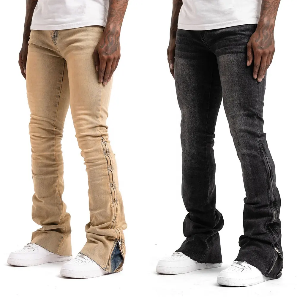 KY Nova Rua Queimado Fundo Zip Design Personalizado Calça Jeans Mens Calças De Brim Homme Empilhados Fino Denim calças de Brim Dos Homens Do Logotipo Personalizado