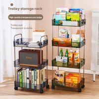 Chariot de rangement à 4 niveaux pour la maison, en plastique PET, avec roulettes, poignée et crochet, chariot utilitaire transparent pour la cuisine, la salle de bain et la maison
