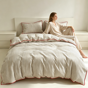 Parure de <span class=keywords><strong>lit</strong></span> rayée en coton, housse de couette décontractée, taies d'oreiller à bordure cousue, fourniture en gros de textiles de <span class=keywords><strong>lit</strong></span> pour la maison - Product Image 1