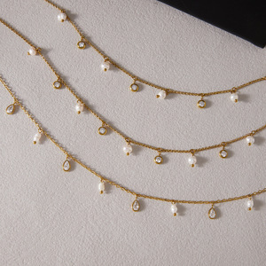 Ensemble de bijoux populaire en acier inoxydable plaqué or 18 carats, chaîne Rolo, étanche, inaltérable, avec breloques en perles d'eau douce - Product Image 6