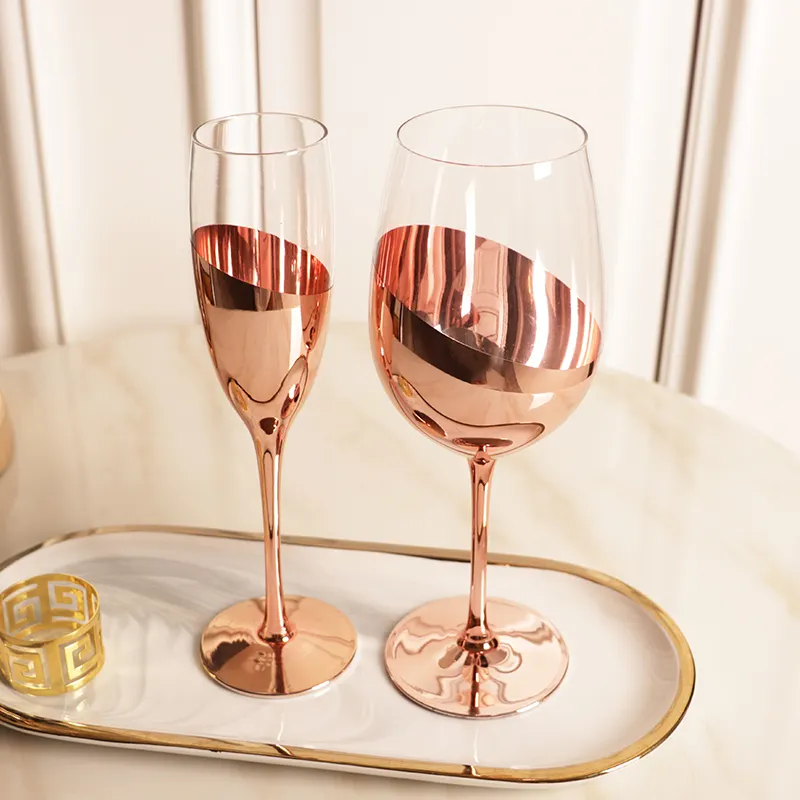 Copper style small quantity order standard wine and champagne with rose gold luster painted crystal lead free glass collection