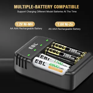 Baterai AA isi ulang EBL 4 Pak 1.6V pengisi daya baterai ganda ni-zn 3000mhh dengan 4 Bay Ni Zn/Ni MH AAA