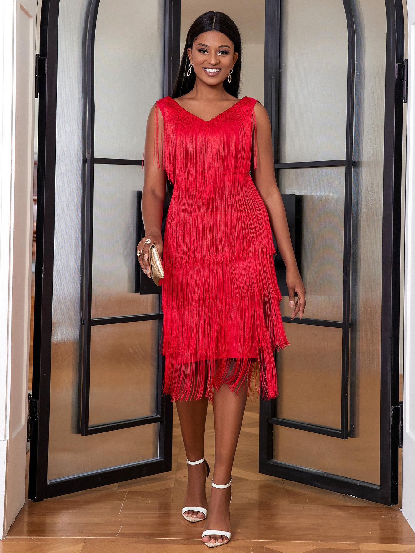 tassel red dress red fringe dress Shimmering Cocktail Tassel Fringe Spaghetti Straps Sequin Mini Dress