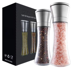 Set of 2 Stainless Steel Salt Glass Spice Shakers Adjustable Coarse <strong>Mills</strong> Stainless Steel Salt and Pepper Grinder - Product Image 1