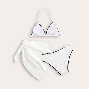 女の子用水着卸売 無地Vネックビーチウェアセット 子供用水着3点セット ホワイトマイクロミニビキニ キッズガール用 - Product Image 3