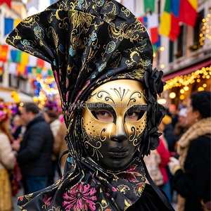 หน้ากากแฟนซีแบบเต็มหน้า HLC New Venetian Masquerade รูปทรงพัดประดับดอกไม้ด้านข้าง หน้ากากเจ้าหญิงสไตล์อิตาลี สำหรับงานปาร์ตี้ธีมคาร์นิวัล - Product Image 1