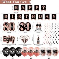 Décorations pour le 80e anniversaire, Bannière Joyeux 80e Anniversaire Or Rose et Noir, Couronne et Écharpe, Ballons, Décor de Fond, Spirales Suspendues, Éventails en Papier