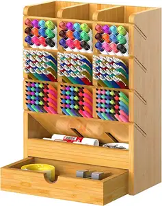 Настольный органайзер для кистей из бамбукового дерева, с 14 ящиками, для коллекционирования карандашей, маркеров, хайлайтеров, кистей для макияжа и шитья