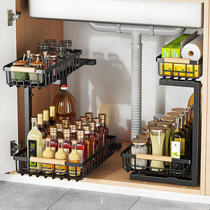 Keranjang bumbu dapur, 2 tingkat dapat disesuaikan tarik keluar keranjang pengatur bumbu di bawah wastafel kabinet rak penyimpanan logam dapat dilepas geser pemegang bumbu - Product Image 3