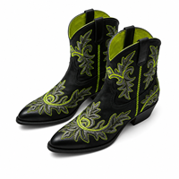 Bottes de cowboy noires brodées sur mesure pour femmes, bottines western vert néon à bout pointu et talon carré, vente en gros, OEM, ODM, usine 2026