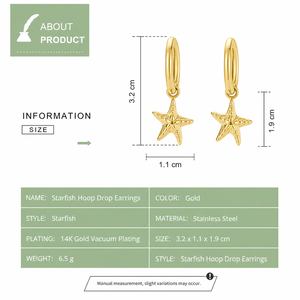 Pendientes de Aro con Forma de Estrella de Mar, Acero Inoxidable, Chapado en Oro de 14K al Vacío, Aros con Dijes de Estrella de Mar Texturizados - Product Image 4