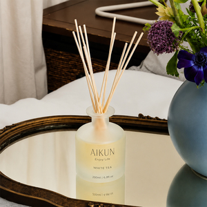 Aikun Canvas 198 Ml Frosted Round Glass Bottle <b>Reed</b> <b>Diffuser</b> Set With Beige Gift Box Natural <b>Reed</b> <b>For</b> Bedroom Hotel Aroma Supply - Product Image 2