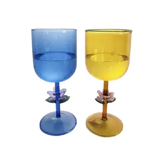 厂家价格手吹创意玻璃高脚杯水晶红酒杯带3D花茎复古酒杯蓝色玻璃高脚杯