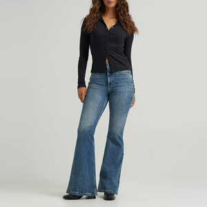 Nouveautés : Pantalon en jean évasé tendance avec logo client, taille haute, boutons élastiques, couleur unie - Product Image 1