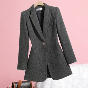 Women's Dark Gray Herringbone Blazer Mid-Length Single Button Wool Blend Casual Office Wear - Product Image 1