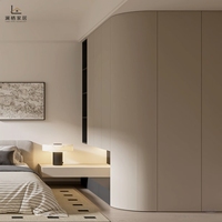 Armoire d'angle incurvée crème minimaliste moderne, table de chevet flottante, éclairage LED, cadre en aluminium, portes Shaker, autoportante, pour salle à manger