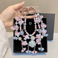 Colgante para Teléfono con Flores Kawaii y Cuentas, Llavero de Plata con Perlas de Cristal Pastel, Colgante para Bolso, Joyería Hecha a Mano al por Mayor