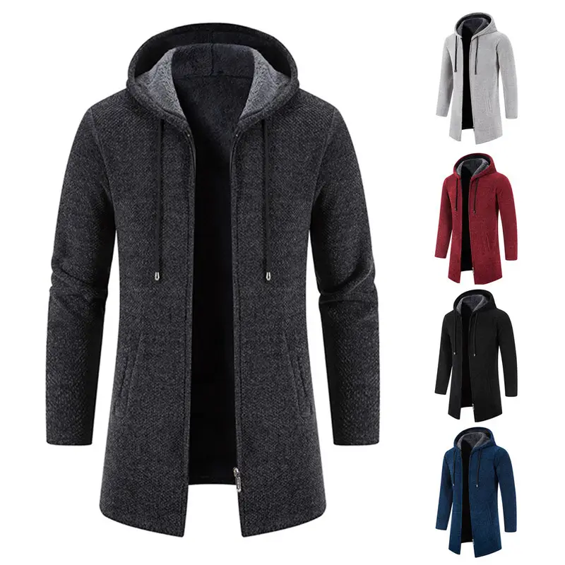 Autumn and winter new men's plus-down sweater knit trend cardigan Overcoat Double Collar Casual Trench Coat