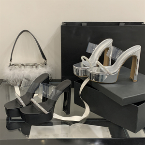 Sandales noires à talons épais et hauts, sexy, à bout carré, avec semelle intérieure en PU et design antidérapant, idéales pour le printemps et les anniversaires, chaussures pour femmes - Product Image 3