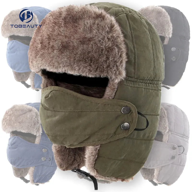 Custom Down Winter Polar Fleece Sports Head Ushanka Trapper Aviator Ear Cover Sombreros de punto de piel con máscara Orejeras