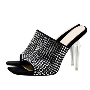 Bling Rhinestone Wedding Sandals Crystal Thin High Heel Open Toe Slides <b>Black</b> Women's Shoes Big Size 46 - Product Image 6