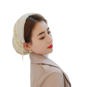 New Summer Breathable Modest Floral Wedding Abaya Muslim <b>Scarf</b> Hat Headscarf Net <b>Red</b> Thin Pearl Fringe Headband - Product Image 1