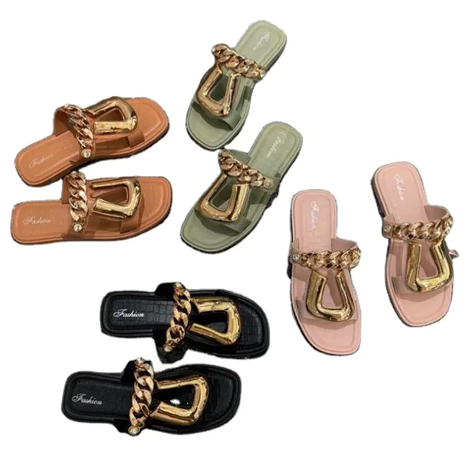 AB prezzo di fabbrica moda di lusso Vintage femminile sandali estivi personalità catena di metallo punta quadrata pantofole in pelle piatta per le donne