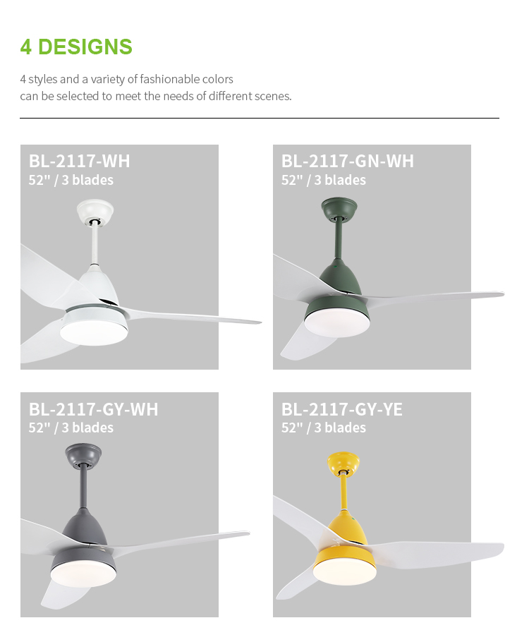 Remote control in stock ABS material 3 blades natural wind tricolor ceiling fan led light