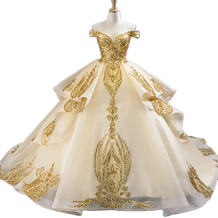 Robe de bal de luxe en or avec longue traîne robes de mariée robe de mariée robe de mariée en cristal pour les femmes