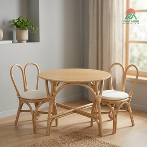 Juego de Mesa y Sillas de Ratán para Niños Nhat Minh, Diseño Redondo con Respaldo Dividido, Estilo Rústico, Muebles de Interior, Asiento de Espuma, Duradero - Product Image 3